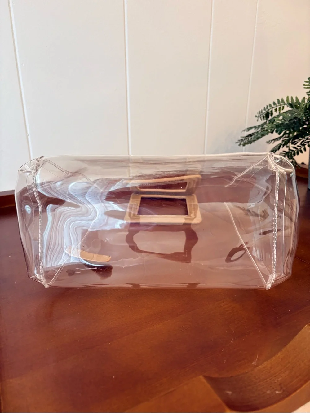 Clear PVC Tote with Tan Square Handles Modern & Easy to Style Structured Light